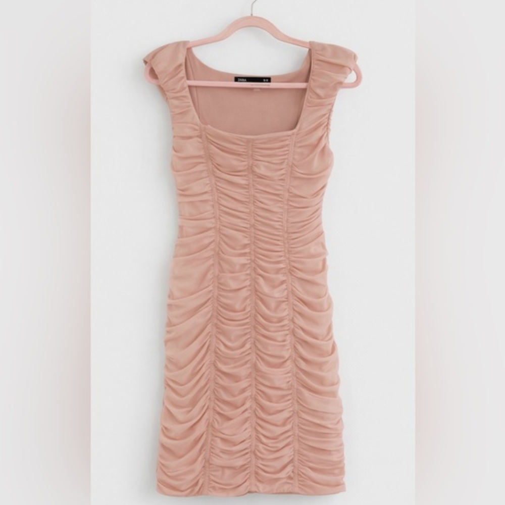 Zara Ruched Bodycon Mini Dress in Blush Pink Champagne - Size Medium (New)